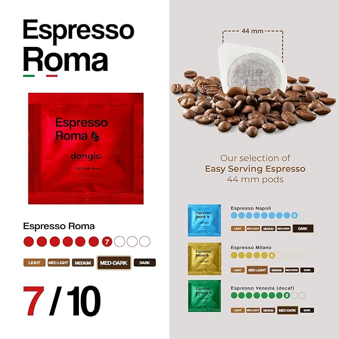 Dongiò Caffè Espresso Roma - 150 Easy Serving Espresso Pods (ESE 44mm) – Med-Dark Roast Coffee (Intensity 7/10) - Roasted and Blended in Italy