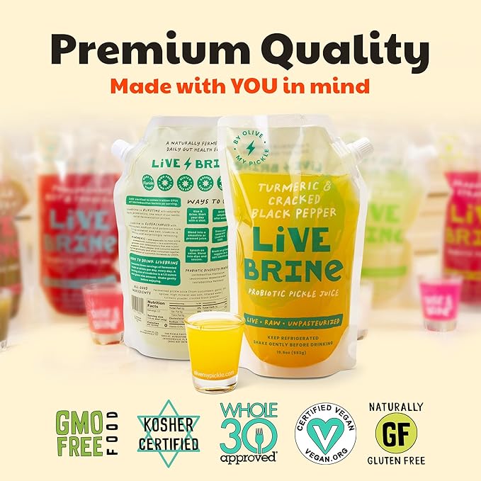 Olive My Pickle Probiotic Pickle Juice - 234 Ounces | 12-Pack of Live Brine Turmeric &amp Cracked Black Pepper Pickle Juice | Contains Natural Probiotics for Gut Health - Perfect for Pickle Shots Sa