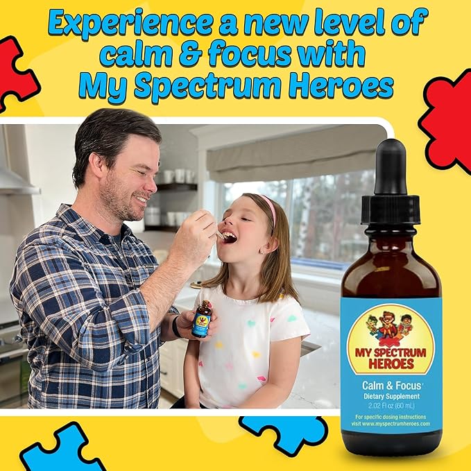 My Spectrum Heroes Calm &amp Focus Supplement Drops - Brain Support with L-theanine GABA Huperzine A - Enhance Focus for Kids or Adults - Boost Concentration for Kids &amp Teens - 2.02 FL oz. (60