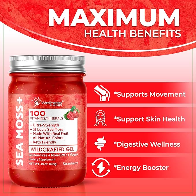 Sea Moss Gel - Wildcrafted Seamoss Gel Superfood - Strawberry Flavor USA-made Irish Sea Moss Vitamin and Mineral-Rich from Pristine Caribbean Waters Immune and Digestive Health Support - 10 oz.