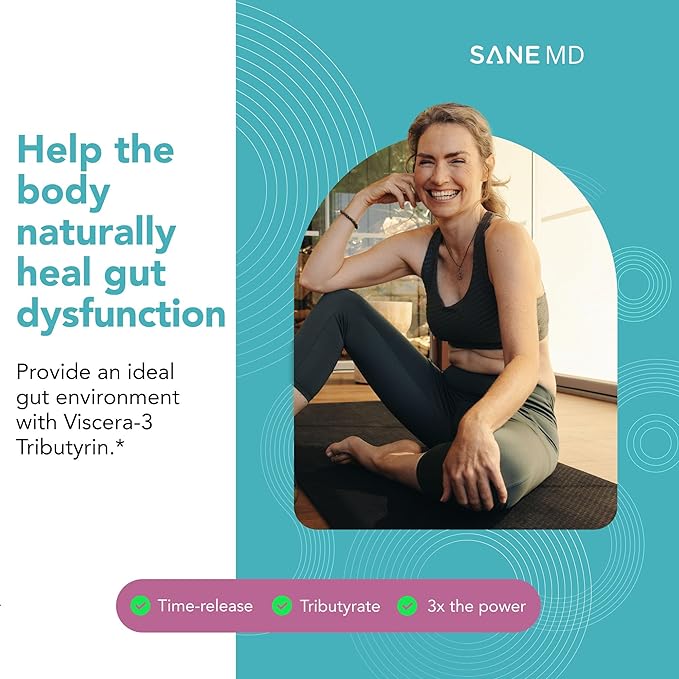 SANE MD - Viscera 3 Postbiotics with Tributyrin - Sodium Butyrate Supplement for Gas and Bloating Relief - Gut Health - IBS &amp Leaky Gut Butyric Acid Supplement - NSF Certified - 30 Capsules