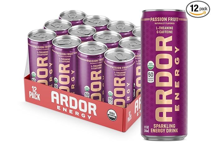 ARDOR ENERGY Natural Sparkling Energy Drink with 100mg Natural Caffeine &amp 200mg L-Theanine from Organic Green Tea for Smooth Energy &amp Focus | Healthy Energy Drink | Made with Real Fruit Juice