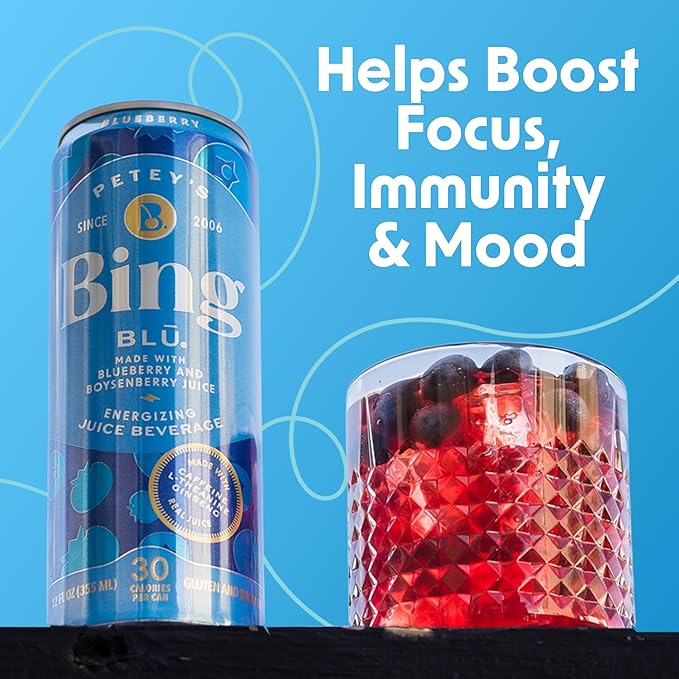 BING BLUEBERRY Energizing Juice Beverage – (12oz/12pk) – Made with REAL Juice! Only 2g added Sugar Low Calorie L-Theanine 5 B-Vitamins &amp Ginseng 125 mg Caffeine Vegan Gluten + Dairy Free. DE