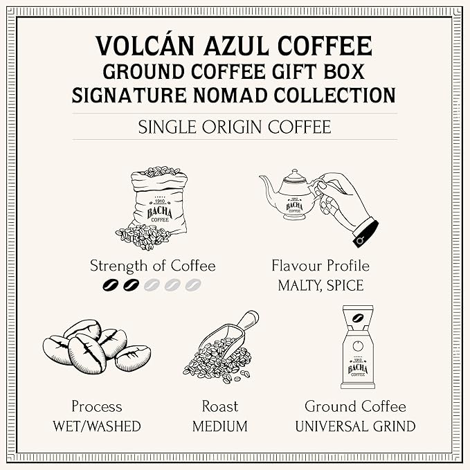 Bacha Coffee | Volcán Azul Single Origin Ground Beans Medium Roast 100% Arabica Specialty Coffee 250g Signature Nomad Collection Gift Box