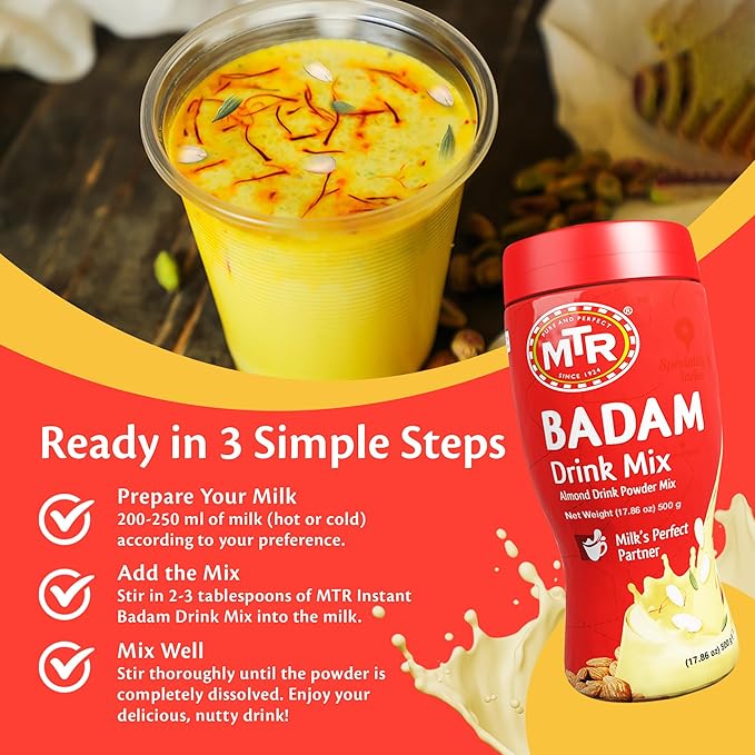 MTR Badam Drink Mix – 500g Pack of 6 Multi-purpose Drink Mix Premium Almond Drink Mix made with select quality Almonds Saffron &amp Cardamom Authentic Indian Flavor Quick &amp Easy to Prepare