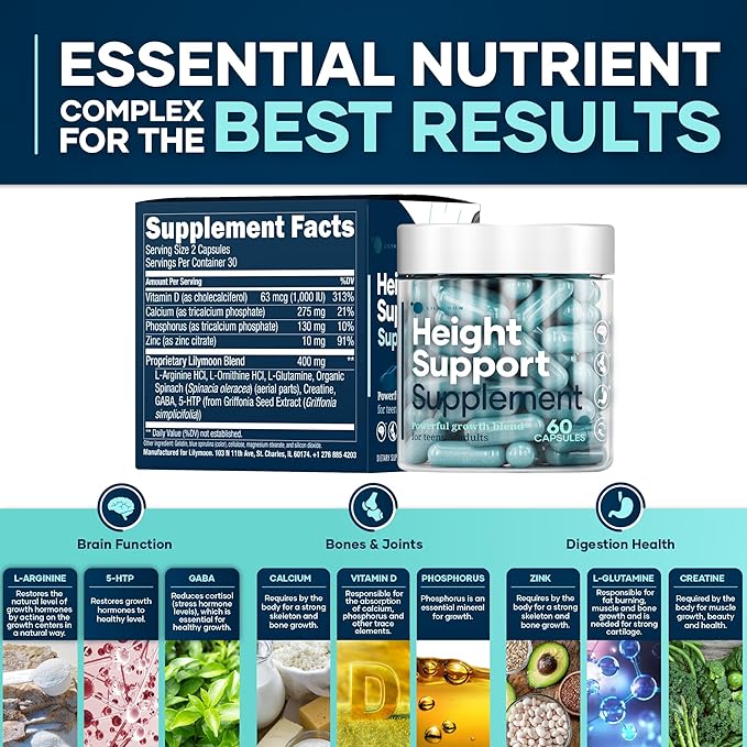 Height &amp Bone Support Supplement - Premium Height Growth Supplement for Kids &amp Teens with Calcium - Nutritional Support Bone Health Formula - Height Increase Essential Vitamins - 60 Caps