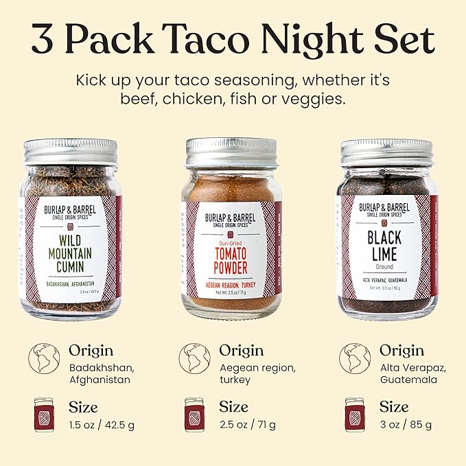 Burlap &amp Barrel Taco Seasoning Single Origin Spice Set - Wild Mountain Cumin Sun-Dried Tomato Ground Black Lime - As seen on Shark Tank - 3 Full Size in a Gift Box