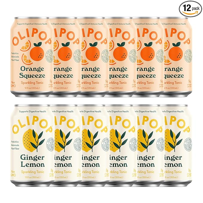 OLIPOP - Summer Fun Variety Pack Orange Squeeze &amp Lemon Ginger Healthy Soda Variety Pack Prebiotic Soft Drink Supports Digestive Health High Fiber Low Calorie Low Sugar (12 oz 12-Pack)