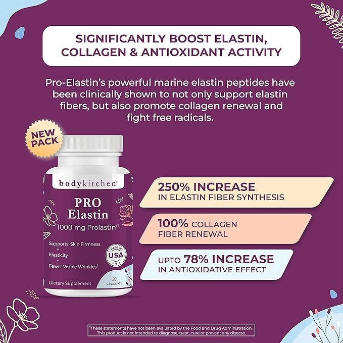 Body Kitchen Pro-Elastin 1000 mg Elastin Supplement Help Reduce Signs of Aging Improved Skin Health Firmness &amp Elasticity Fewer Wrinkles Veggie Caps (Pack of 2)