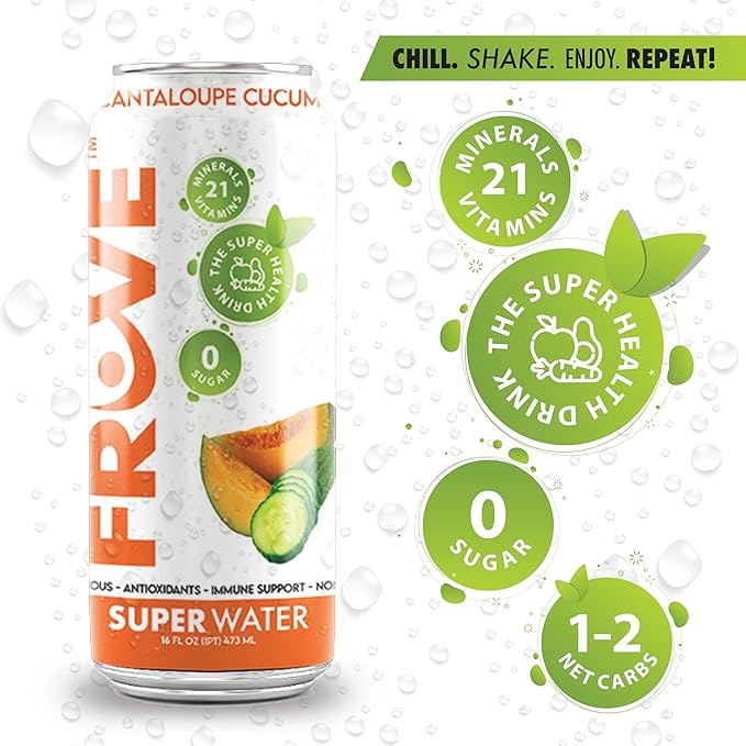 FrUve Super Water | Cantaloupe Cucumber Flavor | 12 16oz Cans | Healthy Drink | Zero Sugar | Low Calorie Drink | Powerful Antioxidants | Boosts Immune System | NON-GMO | The Super Health Drink