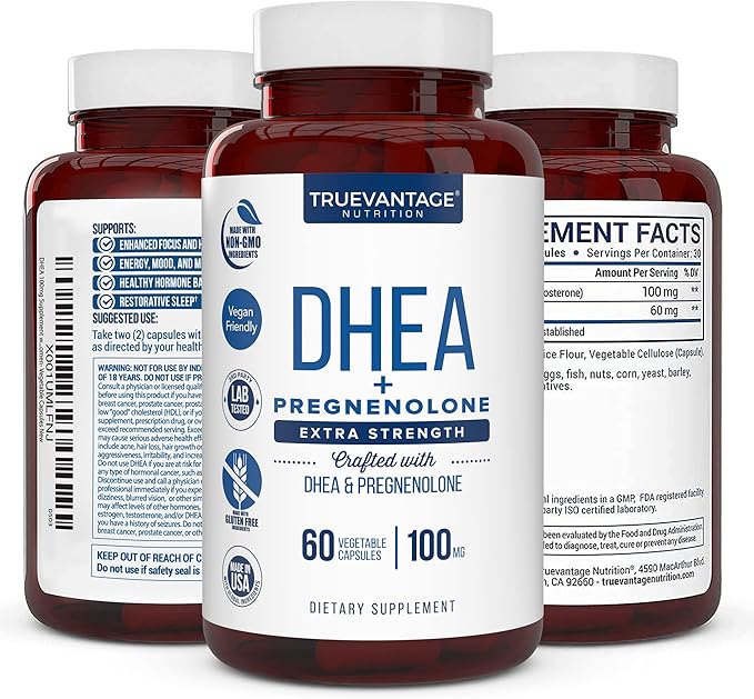 DHEA 100mg Supplement with Pregnenolone 60mg -Supports Hormone Balance Lean Muscle Mass Energy Mood Sleep and Healthy Aging in Men and Women- Vegetable Capsules