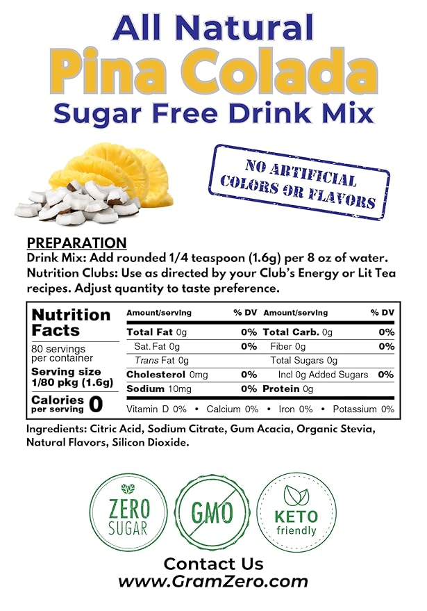 GramZero All Natural Pina Colada Zero Calorie Sugar Free Drink Mix Great For Nutrition Club Loaded Tea Stevia Sweetened