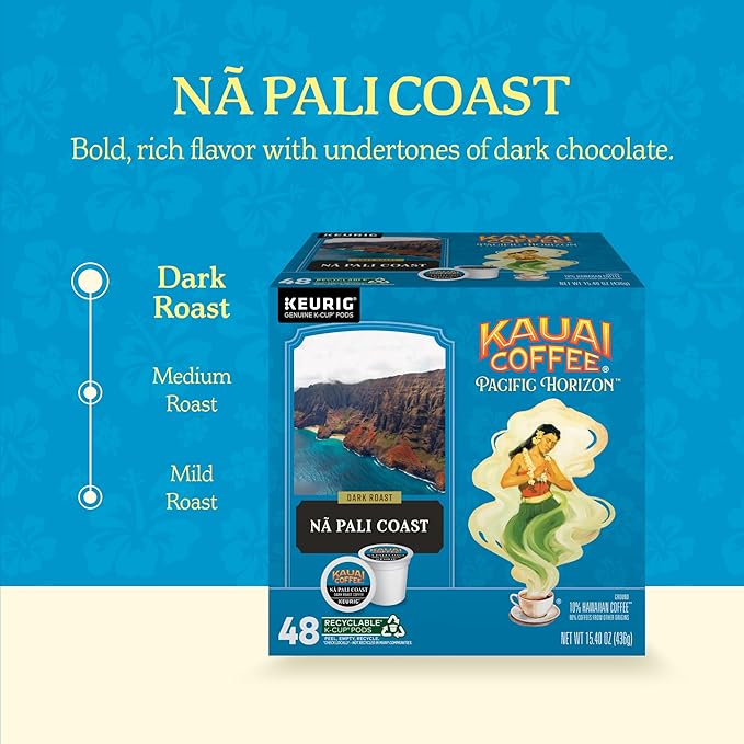 Kauai Coffee K-Cup Pods for Keurig Brewers – Arabica Coffee 10% Hawaiian – Dark Roast Nutty with Sweet Chocolate Overtones – Na Pali Coast 1 Pack of 48 Single Serve K-Cups