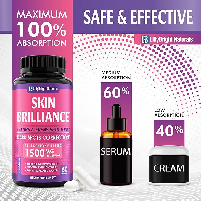 Glutathione Capsules - 1500mcg L-Glutathione Supplement with Vitamin C - Skin Tone Enhancer - Targets Dark Spots &amp Acne Marks - Antioxidant Supplement for Beauty &amp Health Support - 60 Skin Pi