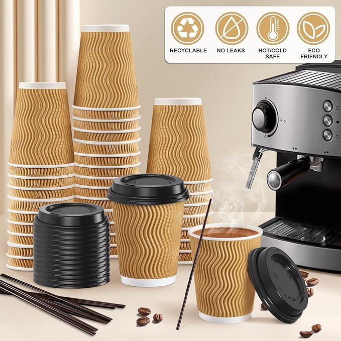 SIUQ 90 Pack - 8 oz Disposable Coffee Cups with Lids and StrawsTo go Coffee CupsInsulated Corrugated Paper CupsKraft Ripple Wall Cups for Hot Beverage or Cold Drinks -Champagne