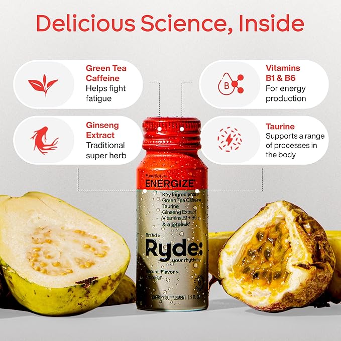 Ryde: Energize Shot | Tropical Flavor | Green Tea Caffeine Taurine Ginseng Extract &amp B Vitamins | 0 Calories 0 Sugar | 2 FL OZ Shots | Boosts energy* (8 Pack)