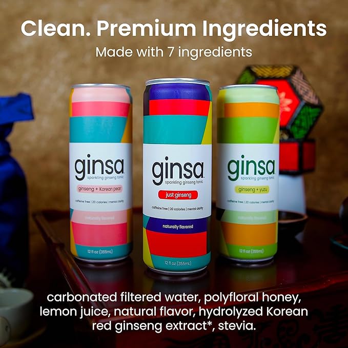 ginsa Sparkling Ginseng Energy Drink with Korean Red Ginseng | Natural Energy Booster | Non-GMO Supports Focus &amp Clarity with Pure Ginseng Root No Caffeine | Variety 12 pack | 12oz