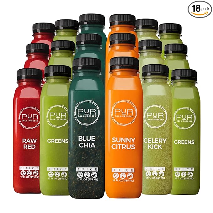 PUR Cold-Pressed Juice – 3-Day Signature Juice Cleanse – Natural Reset Supports Wellness Digestion &amp Energy – Greens Celery Kick Blue Chia Sunny Citrus &amp Raw Red – 18 Bottles