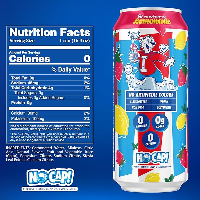 NO CAP! Next Gen Soda Pop Strawberry Lemonade with Electrolytes for Hydration Zero Sugar Zero Calories Caffeine-Free Soda Vegan &amp Gluten-Free 16 oz Cans (12-Pack)