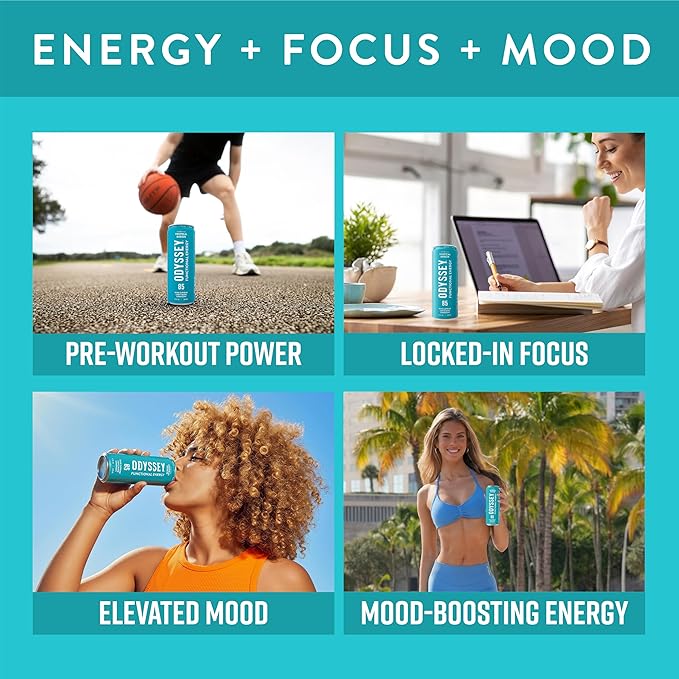 Odyssey Functional Energy Drink for Focus Cognition &amp Mood Support 12 Pack - Adaptogenic Drink with 85mg Green Tea Caffeine Lion’s Mane Cordyceps L-Theanine &amp Ginseng Sparkling Tropical