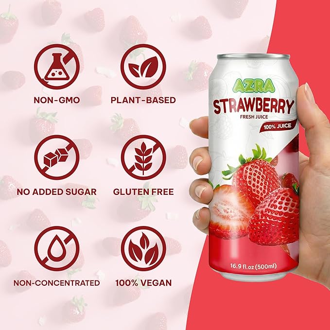 AZRA 100% Strawberry Juice 500ml Cans (Pack of 12) - Fresh Fruit Punch Flavor - Sugar Free Healthy Drinks - 100 Percent Zero Sugar Beverages - Real Berry Liquid Variety 16.9 fl oz