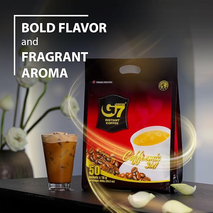 Trung Nguyen G7 Instant Coffee - 3-in-1 Roasted Ground Blend with Creamer &amp Sugar Vietnamese Coffee (50 Sachets)