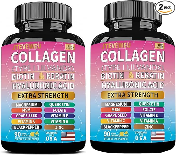 Collagen Supplement - Type I II III V and X - with Biotin Keratin Hyaluronic Acid &amp 13+ Extra Strength Ingredients - （180 Capsules）