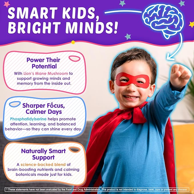 Kids Brain Gummies with Lion's Mane Mushroom Methyl B6 B9 B12 Supper Greens Lutein Brain Booster Supplement for Focus &amp Attention Cognitive Function Vision &amp Energy Sugar Free Vegan