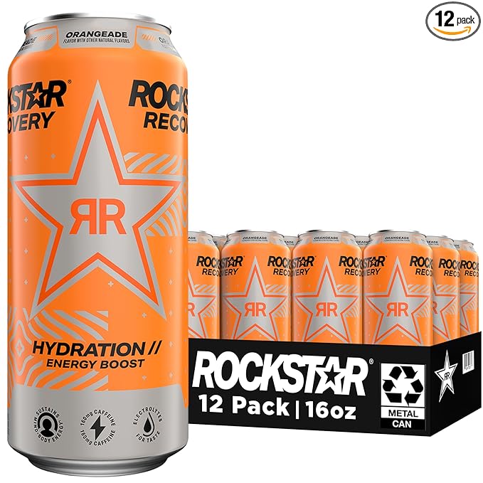 Rockstar Energy Drink with Caffeine Taurine and Electrolytes Recovery Orange 16 Fl Oz (Pack of 12)