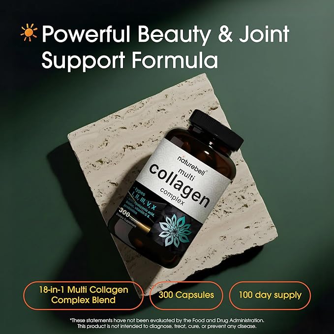 NatureBell Multi Collagen Complex - 300 Capsules - 5 Collagen Peptides (Type I II III V X) Hyaluronic Acid Biotin &amp Probiotics - Hair Skin Nail Joint &amp Gut Health Support*