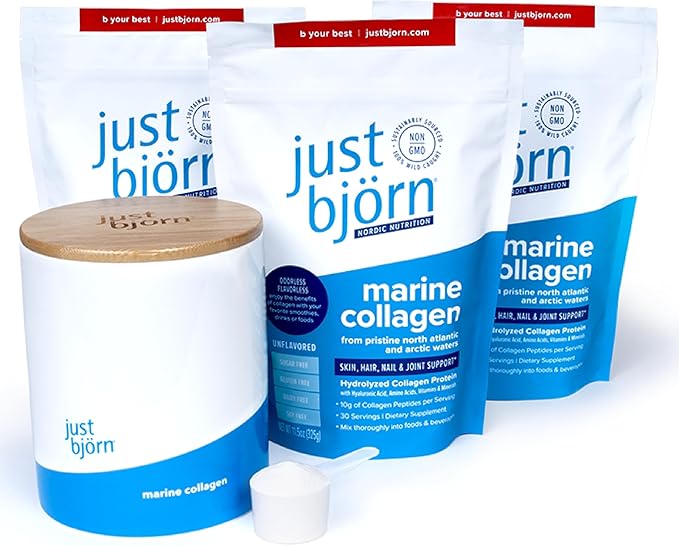 Just Bjorn Marine Collagen Peptides Starter Kit - Collagen Powder for Women &amp Men - Skin Hair Nail &amp Joint Support - Hyaluronic Acid Vitamin C Amino Acids - Unflavored (90 Servings)