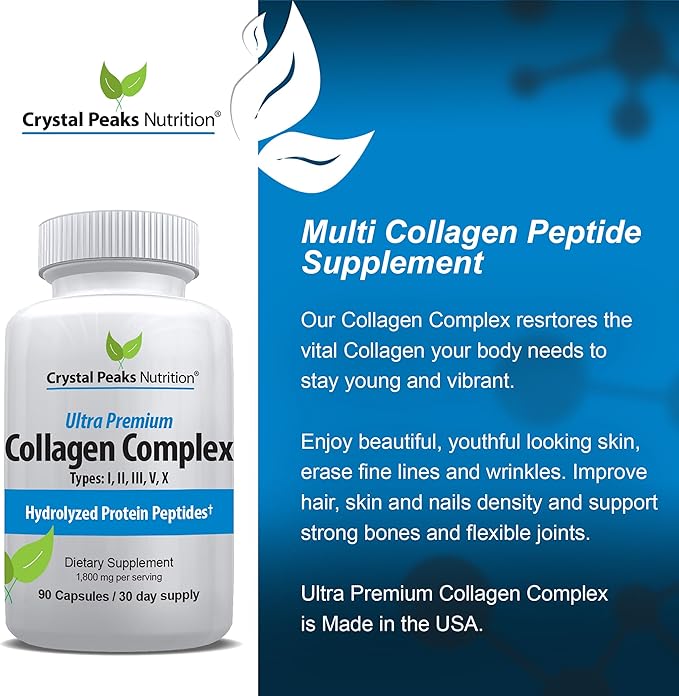 Collagen Peptide Pill - Types I II III V X - Anti-Aging - Premium Collagen Supplements &amp Collagen Pills - Hydrolyzed Protein Pills for Women &amp Men 1800 mg for Youthful Skin