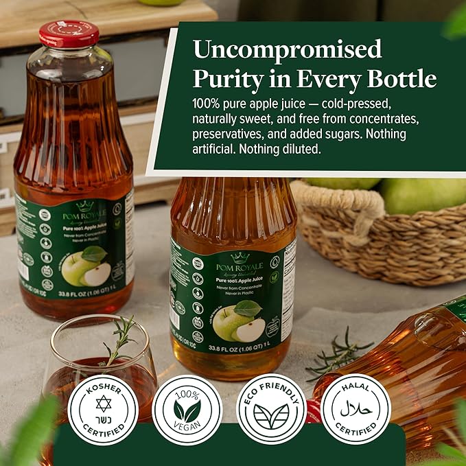 Pure Apple Juice 33.8oz Glass Bottle (Pack of 4) Cold Pressed Juice Not from Concentrate Non-GMO No Sugar Added Gluten Free Kosher Certified Preservative Free