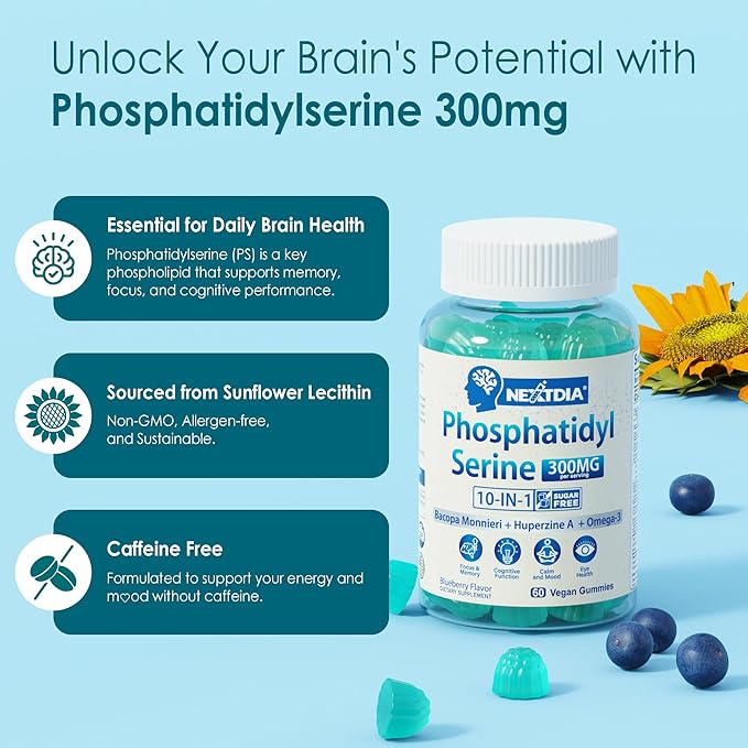 Phosphatidylserine - Nootropic Brian Supplement Focus &amp Energy Gummies+ Bacopa Monnieri Omega 3 Huperzine A Methyl B12 &amp B6 for Seniors Gamers Workers Non-GMO Caffeine-Free Sugar Free