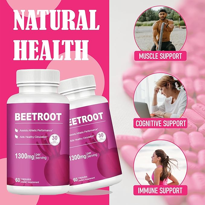 Beet Root Capsules – 1300mg Beetroot Powder for Natural Energy &amp Endurance Support Non-GMO 60 Capsules 30-Day Supply (1pc)