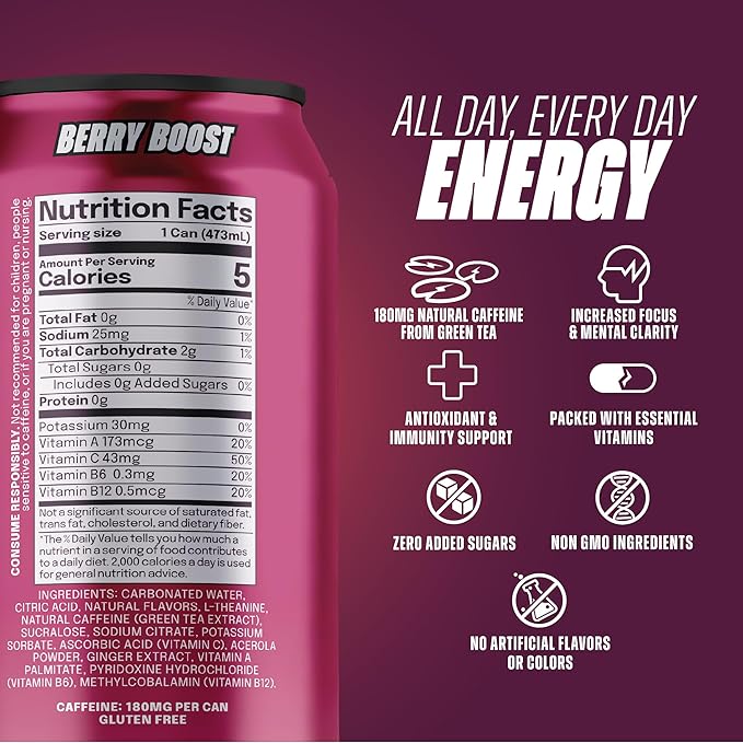 LICK Energy Drink - No Added Sugar No Crash Green Tea Caffeine (180mg) with Antioxidants and Vitamins A B6 B12 and C 16oz (12pk) - Berry Boost