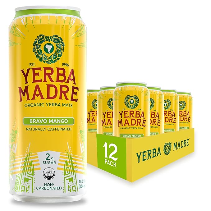 Yerba Madre Organic Yerba Mate Low Sugar Bravo Mango 150mg Natural Caffeine Energy Drink Alternative No Jitters or Crash 15.5 Oz (Pack of 12)