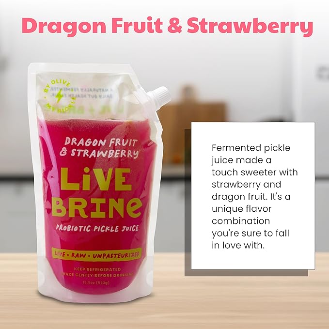 Olive My Pickle Probiotic Pickle Juice - 58.5 Ounces | 3 Pack of LiveBrine Dragonfruit &amp Strawberry Pickle Juice with Natural Probiotics and Digestive Enzymes for Gut Health - 39 Pickle Shots