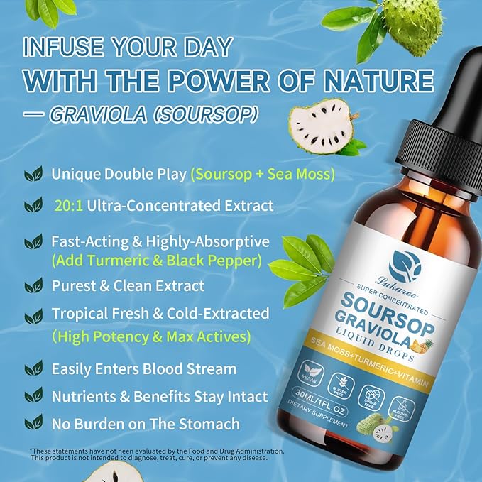 (2 Pack) Soursop Graviola Leaf Extract Liquid Drop Plus Pure Botanical Sea Moss for Cell Support &amp Regeneration Immunity and Gut Health Soursop Bitters Liquid丨Full TexturePineapple Flavor1 Fl
