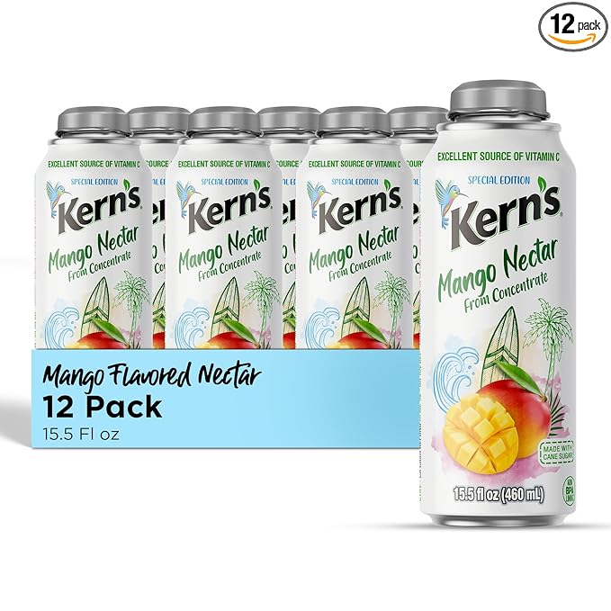 Kern’s Mango Nectar Lata Botella - Made with Fresh Fruit Puree - Mango Juice Concentrate for Tropical Fruit Smoothie Mix Cocktail Mixers &amp Kids Beverages - 15.5oz 12 Pack Resealable Juice Bottle