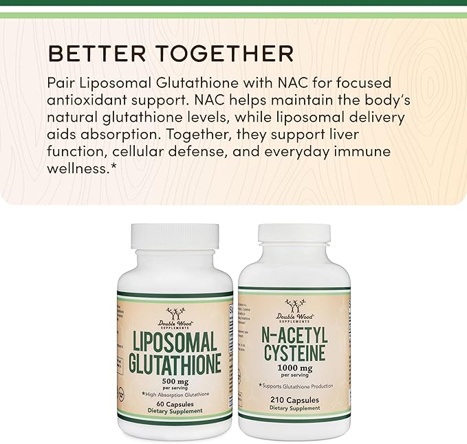 Liposomal Glutathione Supplement 500mg per Serving 60 Capsules (Vegan Safe Non-GMO) Max Absorption Liposomal Glutathione with Genuine Smell and Taste by Double Wood