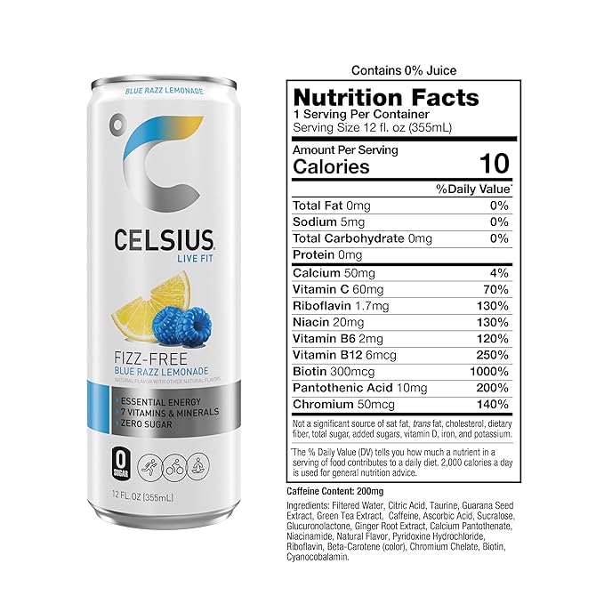 CELSIUS Fizz Free Blue Razz Lemonade Sugar Free Energy Drink 12 Fl Oz (Pack of 12)