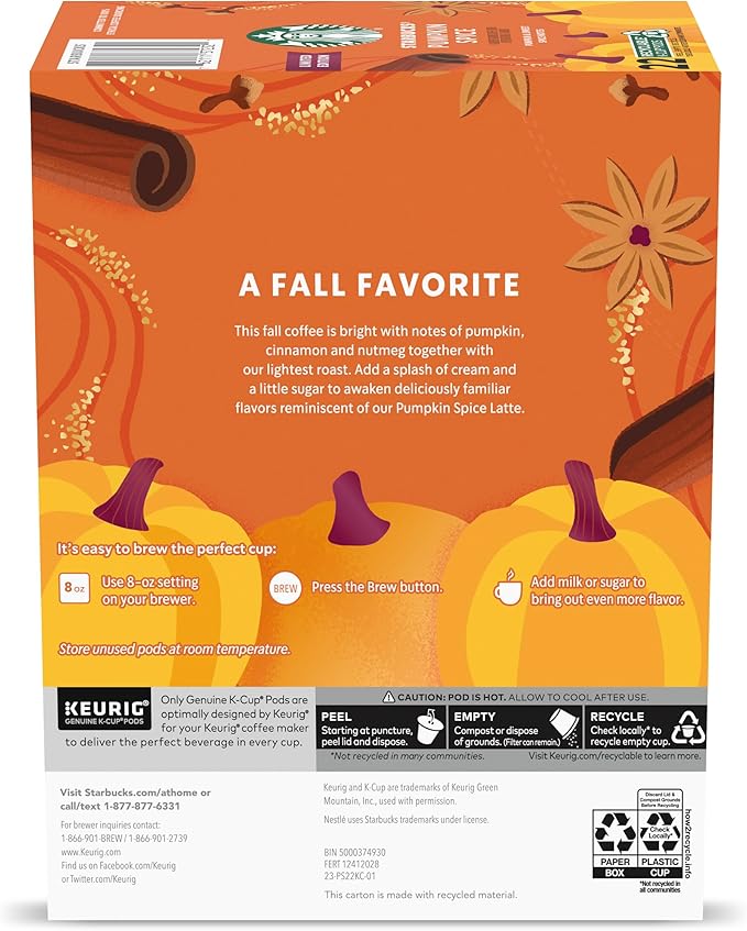 Starbucks K-Cup Coffee Pods Pumpkin Spice Naturally Flavored Coffee for Keurig Brewers 100% Arabica Limited Edition 6 Boxes (60 Pods Total)
