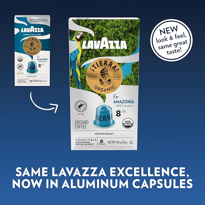 Lavazza TIERRA AMAZONIA USDA ORGANIC Espresso Aluminum Capsules Compatible- Nespresso Original MachinesMedium Roast 100% ArabicaRound &amp Balancedchocolate &amp caramel Intensity 8 of 13(Pack of
