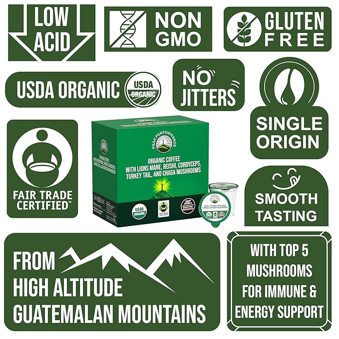 Organic Mushroom Coffee Pods with Lion's Mane Reishi Cordyceps Turkey Tail and Chaga Mushrooms. High Altitude Low Acid Smooth Tasting Fair Trade 72 Nootropic Coffee Pods (Medium Roast Ground)