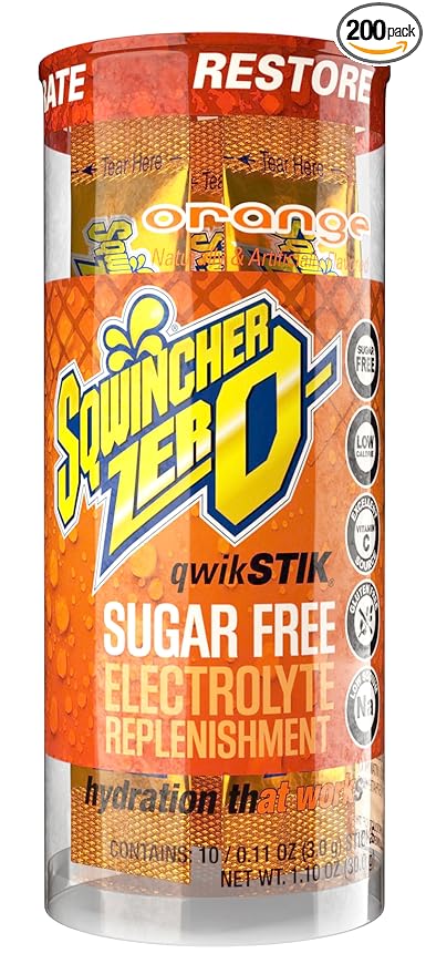 Sqwincher Zero Qwik Stik Orange Sugar Free Low Calorie Low Sodium Electrolyte Powder Hydration Drink Mix .11 oz Packet (Pack of 200)