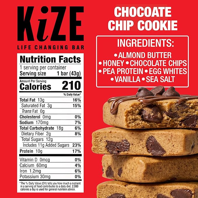 KiZE Energy Bars - Chocolate Chip Cookie - Almond Butter-Based Gluten Free Dairy Free NON-GMO - 10g High Protein Snacks High Protein Meal Replacement Energy Bars Clean and Simple Food (10 Count)