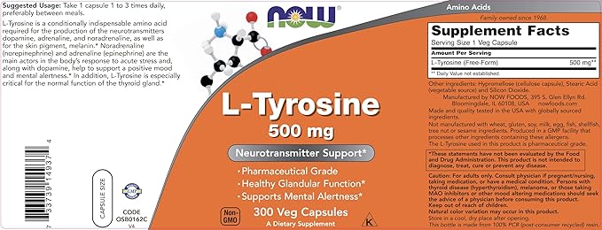 Now Foods L-Tyrosine 500mg 300 Capsules - Non GMO - Supports Mental Alertness - 500 mg Caps - Free Form Supplement