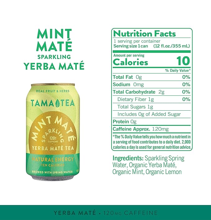 Organic Sparkling Mint Yerba Mate Tea Unsweetened by Tama Tea - Sugar Free Energy Drink Alternative 120mg Natural Caffeine 12 oz (12-Pack)