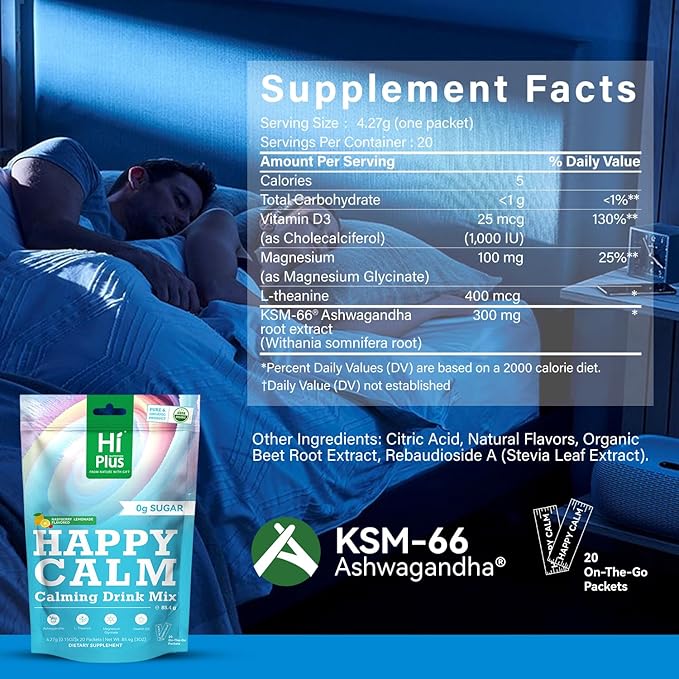 Happycalm-Calming Drink Mix with KSM-66 Ashwagandha Vitamin D3 Magnesium &amp L-Theanine-Supports Cortisol Balance Mood&ampSleeplmproved Sleep QualityMinor tensionreliefWithout Drowsiness